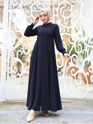 Abaya with Waist Scalloped Shoulder Pads and Elastic Sleeves -Navy blue