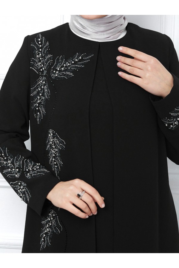 Beaded Detailed Double Layer Crepe Dress -Black