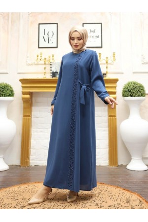 Önü Taş Detaylı Çift Kat Yandan Bağlamalı Ferace  -Petrol