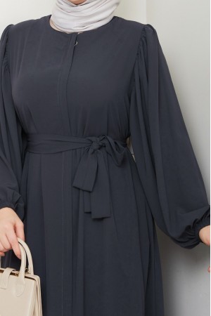 Kolu Lastikli Beli Bağlamalı Fermuarlı Ferace -Antrasit