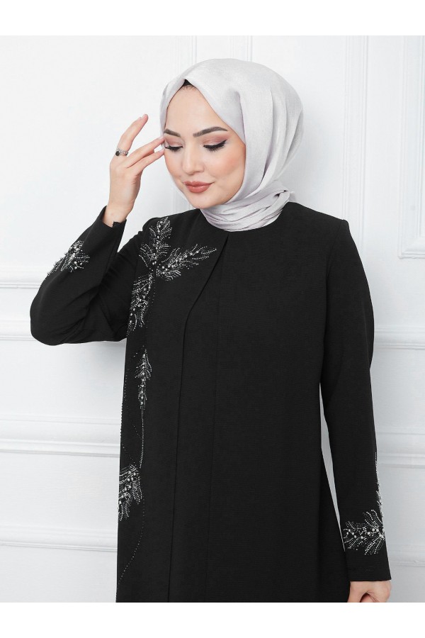 Beaded Detailed Double Layer Crepe Dress -Black