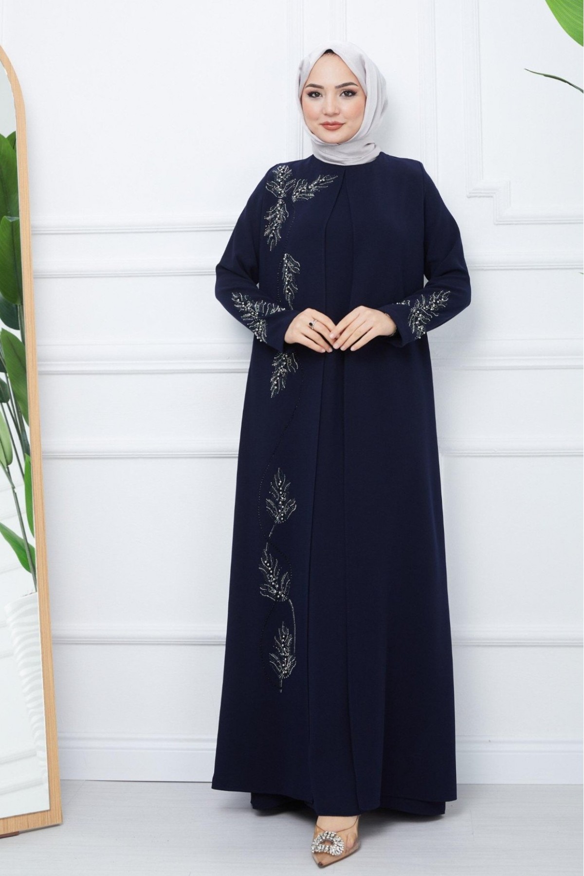 Beaded Detailed Double Layer Crepe Dress -Navy blue