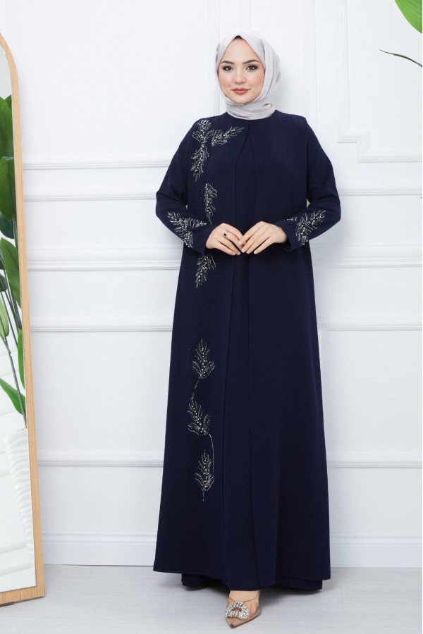 Beaded Detailed Double Layer Crepe Dress -Navy blue