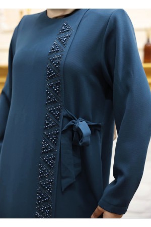 Önü Taş Detaylı Çift Kat Yandan Bağlamalı Ferace  -Petrol