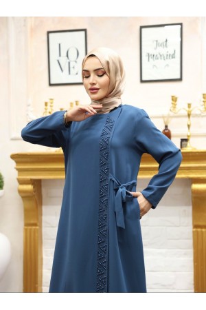 Önü Taş Detaylı Çift Kat Yandan Bağlamalı Ferace  -Petrol