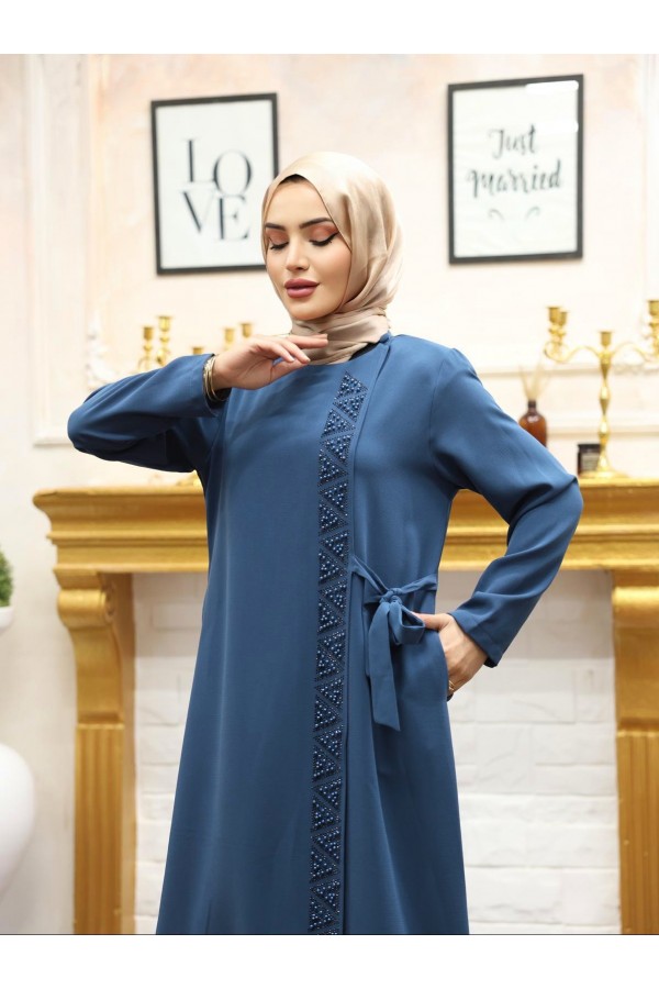 Double Layer Side Tie Abaya with Stone Detail on the Front -Oil color