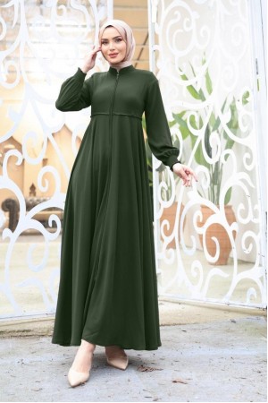 Abaya with Waist Scalloped Shoulder Pads and Elastic Sleeves -Khaki