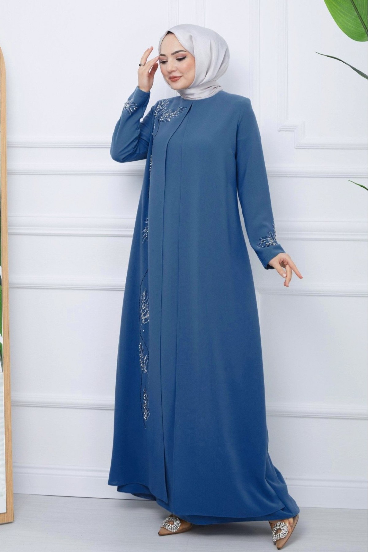 Beaded Detailed Double Layer Crepe Dress -Blue