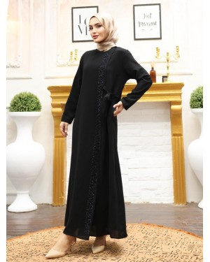 Double Layer Side Tie Abaya with Stone Detail on the Front -Black
