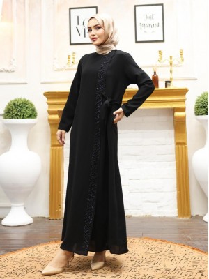 Double Layer Side Tie Abaya with Stone Detail on the Front -Black