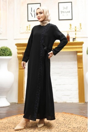 Önü Taş Detaylı Çift Kat Yandan Bağlamalı Ferace  -Siyah