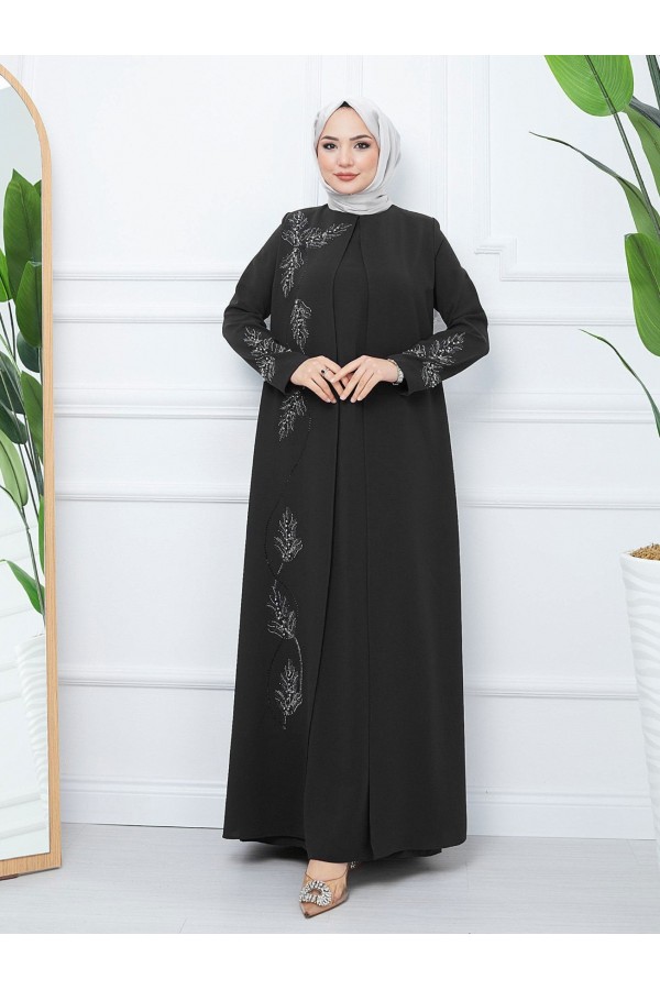 Beaded Detailed Double Layer Crepe Dress -Black