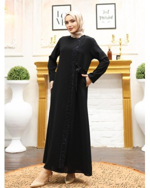Double Layer Side Tie Abaya with Stone Detail on the Front -Black