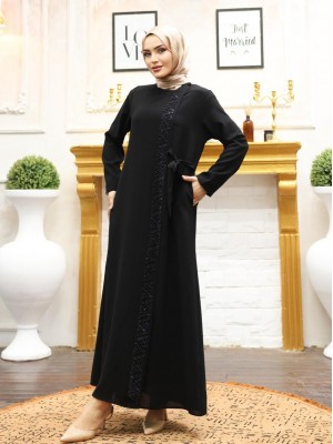 Double Layer Side Tie Abaya with Stone Detail on the Front -Black
