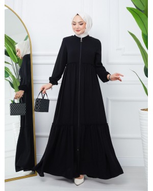 Parçalı Kolu Lastikli Boydan Fermuarlı Ferace -Siyah