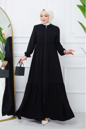 Parted Elastic Sleeve Full Zip Abaya -Black