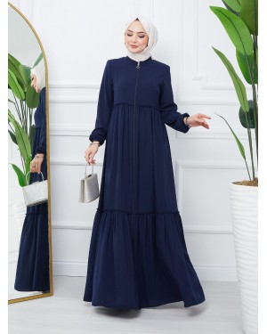 Parted Elastic Sleeve Full Zip Abaya -Navy blue