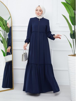 Parted Elastic Sleeve Full Zip Abaya -Navy blue