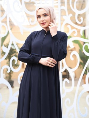 Abaya with Waist Scalloped Shoulder Pads and Elastic Sleeves -Navy blue