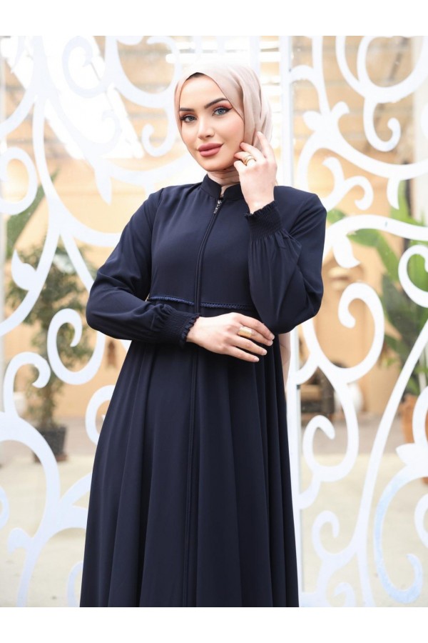 Abaya with Waist Scalloped Shoulder Pads and Elastic Sleeves -Navy blue