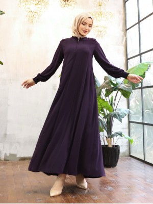 Side Pocket, Full Zipper, Elastic Sleeve Abaya - Purple
