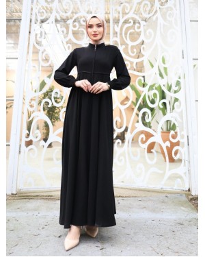 Beli Fistolu Omuzları Vatkalı Kolu Lastikli Ferace -Siyah