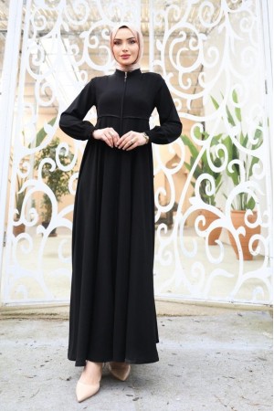Abaya with Waist Scalloped Shoulder Pads and Elastic Sleeves -Black