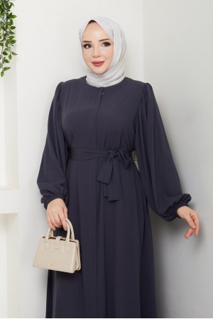 Kolu Lastikli Beli Bağlamalı Fermuarlı Ferace -Antrasit