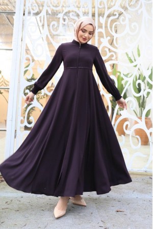 Abaya with Waist Scalloped Shoulder Pads and Elastic Sleeves - Purple