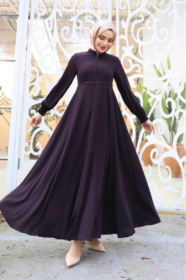 Abaya with Waist Scalloped Shoulder Pads and Elastic Sleeves - Purple