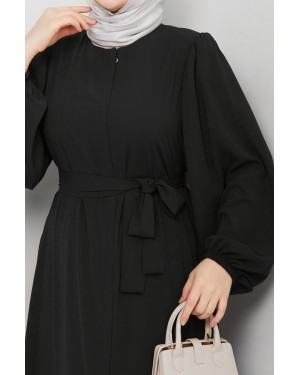 Elasticated Sleeves, Tied Waist, Zippered Abaya -Black