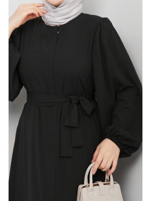 Kolu Lastikli Beli Bağlamalı Fermuarlı Ferace -Siyah