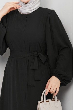 Kolu Lastikli Beli Bağlamalı Fermuarlı Ferace -Siyah