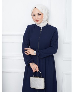 Parted Elastic Sleeve Full Zip Abaya -Navy blue