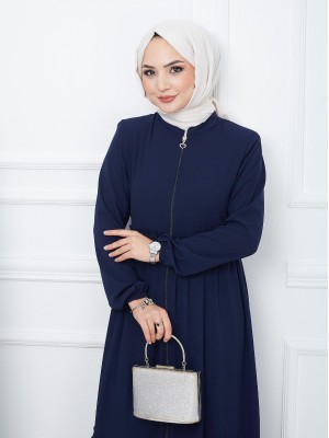 Parted Elastic Sleeve Full Zip Abaya -Navy blue