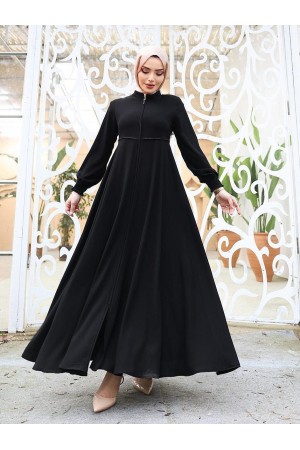 Beli Fistolu Omuzları Vatkalı Kolu Lastikli Ferace -Siyah