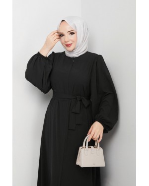 Elasticated Sleeves, Tied Waist, Zippered Abaya -Black