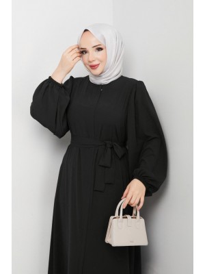 Kolu Lastikli Beli Bağlamalı Fermuarlı Ferace -Siyah