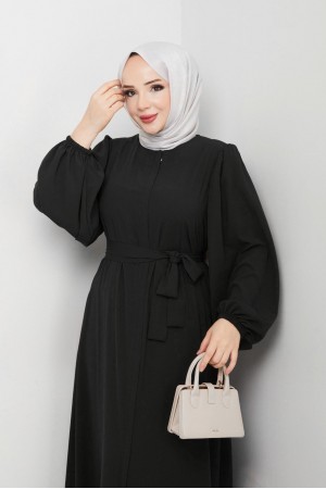 Kolu Lastikli Beli Bağlamalı Fermuarlı Ferace -Siyah