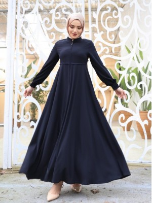 Abaya with Waist Scalloped Shoulder Pads and Elastic Sleeves -Navy blue