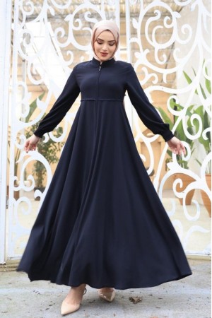 Abaya with Waist Scalloped Shoulder Pads and Elastic Sleeves -Navy blue