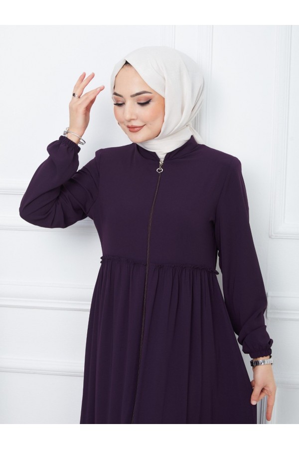 Parted Elastic Sleeve Full Zip Abaya - Purple