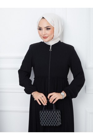 Parçalı Kolu Lastikli Boydan Fermuarlı Ferace -Siyah