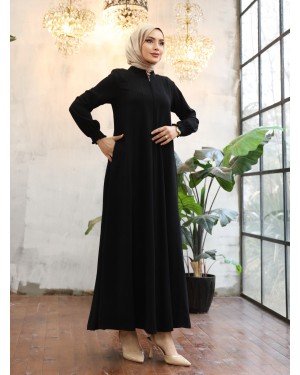 Yan Cepli Boydan Fermuarlı Kolu Lastikli Ferace -Siyah