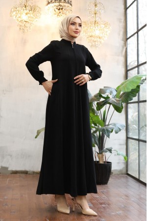 Yan Cepli Boydan Fermuarlı Kolu Lastikli Ferace -Siyah