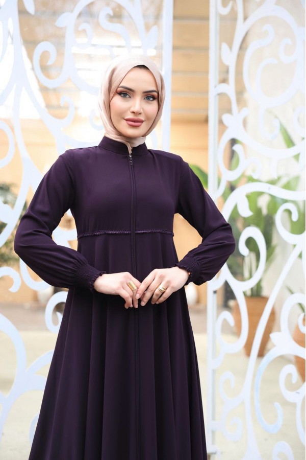 Abaya with Waist Scalloped Shoulder Pads and Elastic Sleeves - Purple