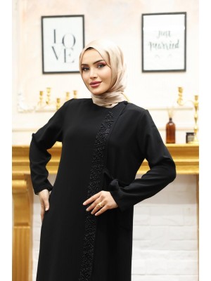 Double Layer Side Tie Abaya with Stone Detail on the Front -Black