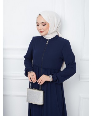 Parted Elastic Sleeve Full Zip Abaya -Navy blue
