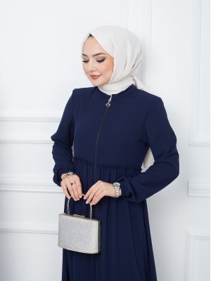 Parted Elastic Sleeve Full Zip Abaya -Navy blue