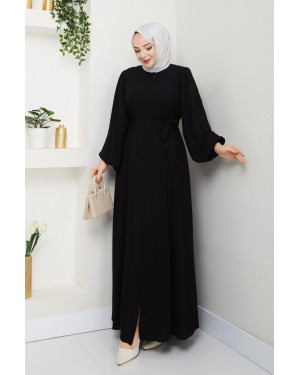 Elasticated Sleeves, Tied Waist, Zippered Abaya -Black